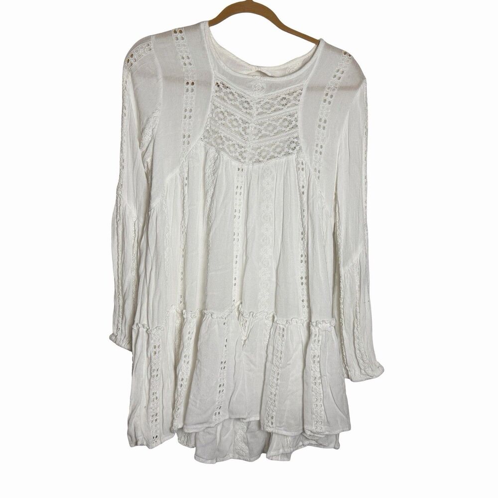 Free People Kiss Kiss Tunic Top Dress Shirt White Balloon Sleeve Boho Medium